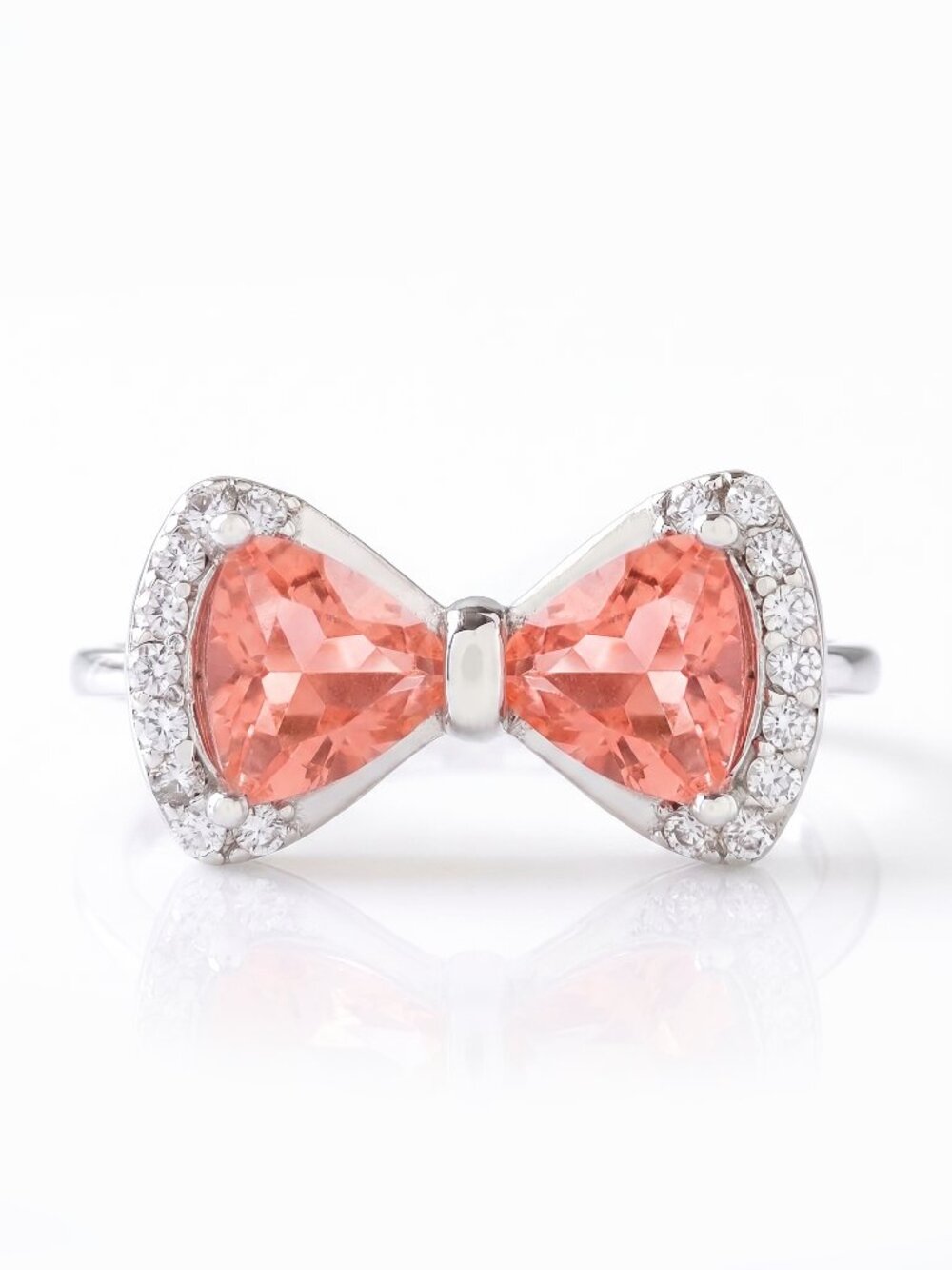 Peach Pink Coral bow gemstone Women's ring, 925 Sterling Silver